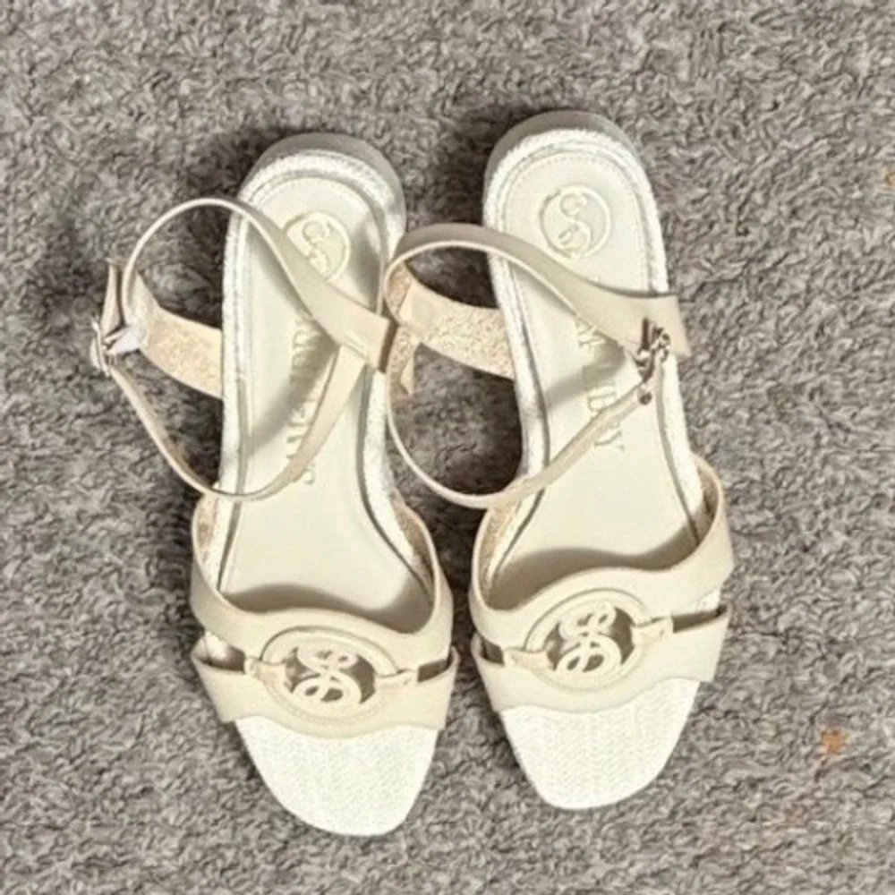 Sam Libby Camille Wedge‎ Sandals 8.5 Cream Beige Espadrille Ankle Strap Platform